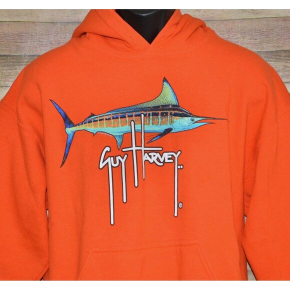 Guy Harvey Men's Orange Hoodie Pocket Sweatshirt Size L Swordfish & Logo Comfy - Picture 4 of 12